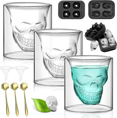 Set van 10 Skelermokken, Dubbelwandige Koffiemokken, Inclusief 3 Skelermokken, 2 Stuks 3D Skelermallen en 3 Cosmos Gouden Lepels voor een Unieke Drinkervaring