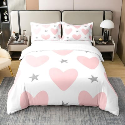 3-delige Beddengoedset met Ritssluiting Rood Hart Dekbedovertrek Queen Liefde Hart Patroon Wit Dekbedovertrek Set Schattige Print AU Single(140x210cm)