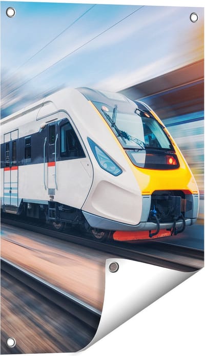 Gards Tuinposter Trein bij het Station - 40x60 cm - Tuindoek - Tuindecoratie - Wanddecoratie buiten - Tuinschilderij