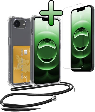Hoes Geschikt voor iPhone 16e Hoesje Pas Houder Shock Proof Case Hoes Met Koord Met Screenprotector - Hoesje Geschikt voor iPhone 16e Hoes Met Telefoonkoord Pasjeshouder Cover - Transparant