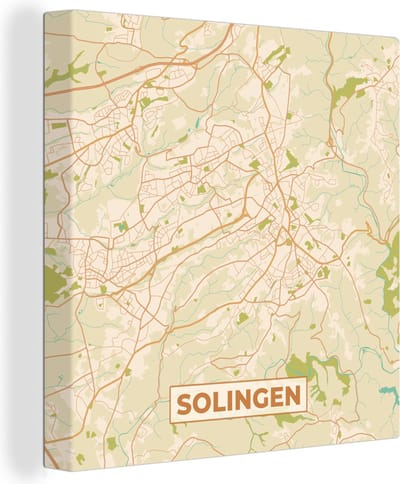Canvas Schilderij Plattegrond - Solingen - Kaart - Stadskaart - Vintage - 20x20 cm - Wanddecoratie