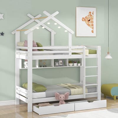 Sweiko Stapelbed met lades en planken, Huisbed met drielaagse rechthoekige ladder, Kinderbed met valbeveiliging en rooster, dennenframe, Wit (90x200cm)