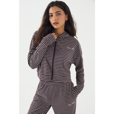 Dames DSGN Studio Zachte Streep Boxy Crop Rits Hoodie | Plum | Maat: 2XL