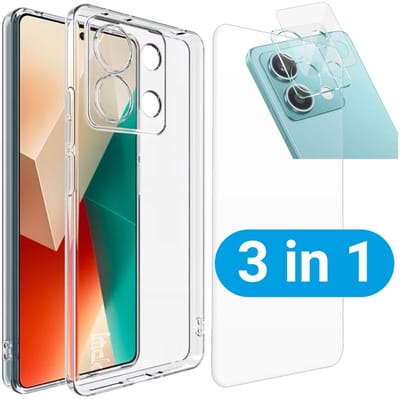 Schokbestendig Doorzichtig Hoesje Geschikt voor Xiaomi Redmi Note 13 5G + 9H Tempered Glass Screen Protector + Camera Protector Transparant | 360° Beschermset