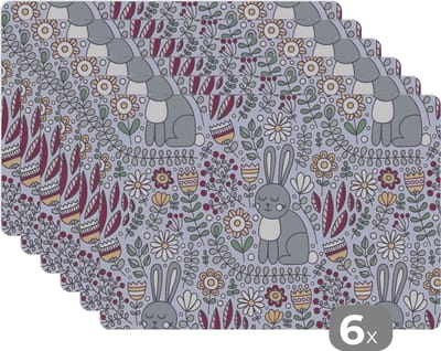 Placemat - Placemats kunststof - Konijn - Bloemen - regenboog - Kinderen - Design - 45x30 cm - 6 stuks - Hittebestendig - Anti-Slip - Onderlegger - Afneembaar