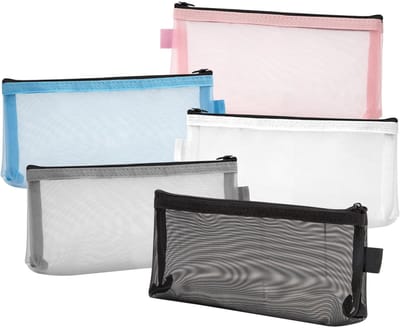 Dailygoods- Pennenetui 5 stuks - Mesh-etui met ritssluiting - Make-up tas - Organizer voor school/kantoor - Opbergzak voor reizen - Duurzaam netweefsel - Make-uptas
