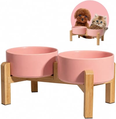Keramische Hondenvoer- en Waterbak Set met Antislip Bamboe Stand, Ideaal voor Katten en Honden, 2 Bakken van 480ml, Duurzaam en Stijlvol Design