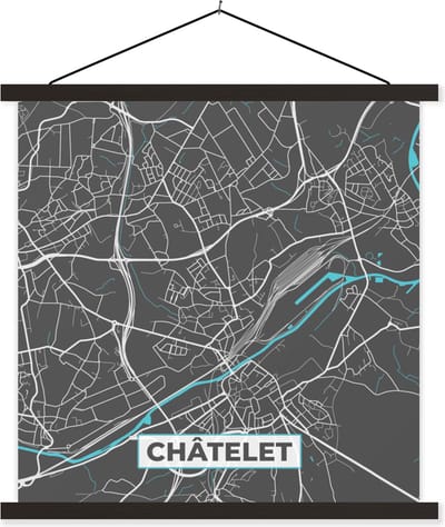 Posterhanger incl. Poster 60x60 cm - Schoolplaat - Kaart – Plattegrond – Stadskaart – Châtelet – België - Grijs - Textielposter - Zwarte latten - Stadskaart
