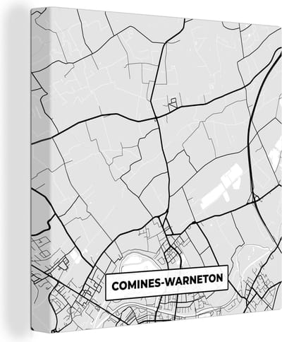 Canvas Schilderij België – Comines Warneton – Stadskaart – Kaart – Zwart Wit – Plattegrond - 20x20 cm - Wanddecoratie