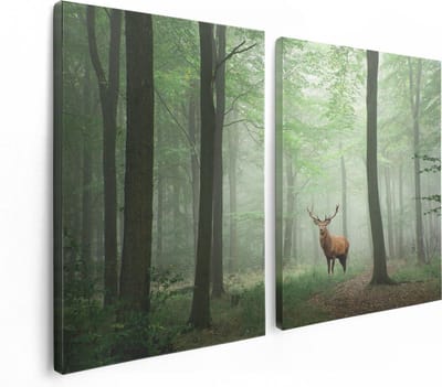 Artaza Canvas Schilderij Tweeluik Hert In Bos - 120x80 cm - Wanddecoratie Woonkamer - Schilderijen - Muurdecoratie