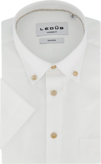 Witte korte mouw katoenen Ledub Modern Fit overhemd strijkvrij