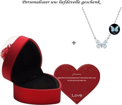Hartvormige Rode Geschenkdoos met Blauwe Lichtgevende Vlinder Ketting – Glow-in-the-Dark Sieraad, Luxe Romantisch Cadeau voor Haar