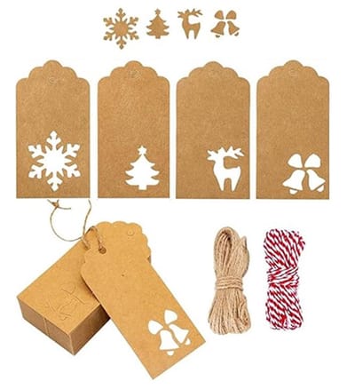 Cadeaulabels - 120 Stuks - Uithol label - Kraftpapier - Labels Karton - Kerstcadeau Naam Labels - Kerst labels - Kerstversiering - Kit Papieren Cadeaukaartjes - Feestdecoraties - Touw Hangende Tags - Met henneptouw - 9.4*5cm - Bruin