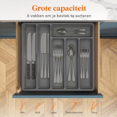 Store_9 - Besteklade - Bestekopbergdoos - Compact en functioneel - Grijs - Bestekorganizer - Geschikt voor keukenla - 6 compartimenten