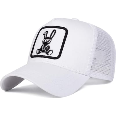 Casquettes en Filet de Baseball Broderie Lapin Dessin Animé Unisexe Printemps Été Extérieur Réglables Casquettes Décontractées Casquette Hip Hop Casquette Anti-Soleil white