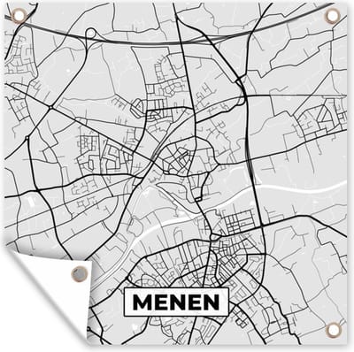 Tuin poster Stadskaart – Plattegrond – België – Zwart Wit – Menen – Kaart - 200x200 cm - Tuindoek