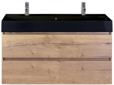 Maxx XL Badmeubelset 120 cm - Natuur Eiken - Wastafel Kube Enkel Zwart 2 Kraangaten
