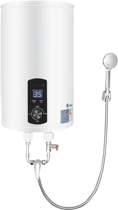 Elektrische Boiler - Warmwater Tank - Direct Warm Water - Inclusief Douchekop - 34x59 cm - Wit