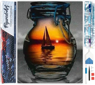 Figured'Art Diamond Painting set Volwassenen 40x50 cm Zeilboot en vaas - 5D DIY Art full drill vierkante diamant - Opgerold canvas