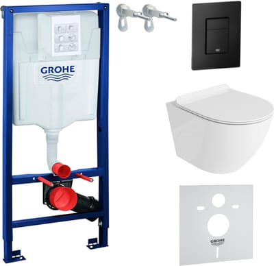 Inbouwreservoir Complete Toiletset Grohe Solido 39069000 - Inbouw WC Hangtoilet Wandcloset Sofi Slim Wit Hoogglans - Bedieningsplaat EVEN 3in1 Zwart - Voorwandelement - Installatiesysteem