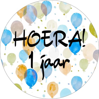 24x Hoera 1 Jaar Sluitsticker - Traktatie Stickers - Ballonnen Verjaardag Stickers - Ø 32mm