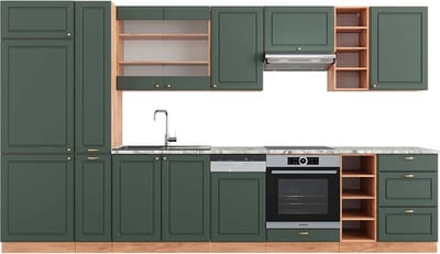 Vicco Fame-Line Complete keukeneenheid – 355 cm, WB Marmer Groen-Goud Land/Goud Power Eik