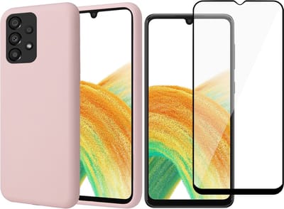 Hoesje geschikt voor Samsung Galaxy A33 - Matte Back Cover Microvezel Siliconen Case Hoes Roze - Full Tempered Glass Screenprotector