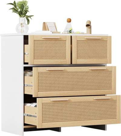 Hoogwaardige rotankast met 4 lades en massief houten handgrepen - Geschikt voor slaapkamer - woonkamer - eetkamer - gang - 80x38x80 cm