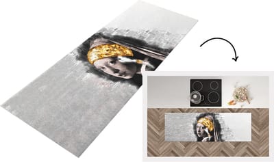 Keukenloper - Loper keuken - Meisje met de parel - Aquarelverf - Goud - 150x50 cm - Keukenloper vinyl