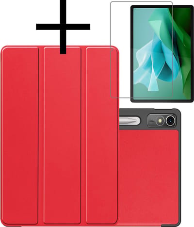 Hoes - Geschikt voor Lenovo Tab P12 - Met Screenprotector - Trifold Bookcase - Hard Cover Case - Met Uitsparing Geschikt voor Lenovo Pen - Hardcover Book - Tablet Hoesje - Rood