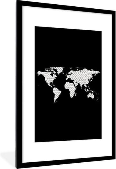 Poster in lijst - Fotolijst 80x120 cm - Posters - Wereldkaart - Design - Grijs - Wit - Posterlijst zwart - Decoratie - Wanddecoratie woonkamer - Muurdecoratie slaapkamer