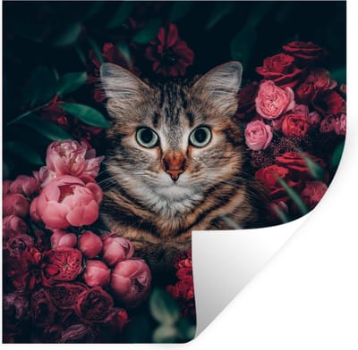 Muurstickers - Sticker Folie - Kat - Bloemen - Bladeren - Botanisch - 100x100 cm - Plakfolie - Muurstickers Kinderkamer - Zelfklevend Behang XXL - Zelfklevend behangpapier - Stickerfolie