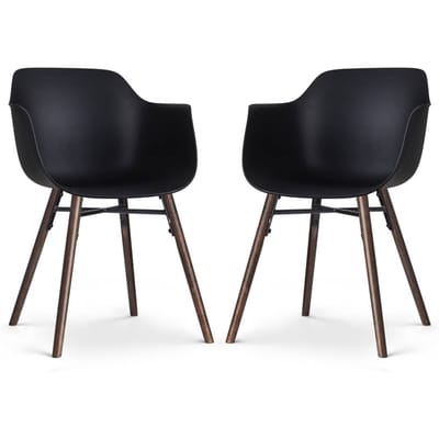 Nolon Nena-Puk Eetkamerstoelen Set van 2 Zwart - met Armleuning - Kunststof Zitting - Houten Poten - Walnoot - Kuipstoel met Armleuning