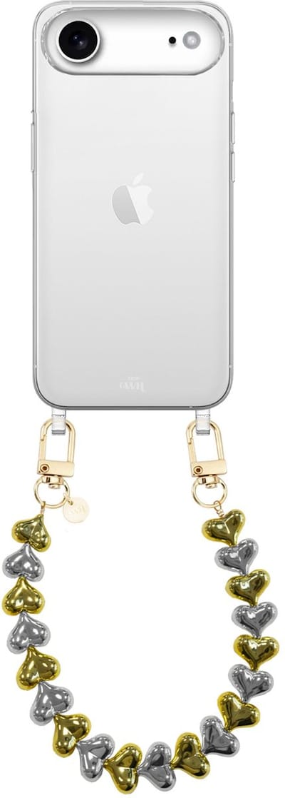 xoxo Wildhearts siliconen hoesje geschikt voor iPhone 17 Air hoesje - Funky Hearts - Telefoonhoesje - Hoesje met koord - Goud / Zilver koord - kort telefoonkoord - Hartjes ketting - Transparant hoesje