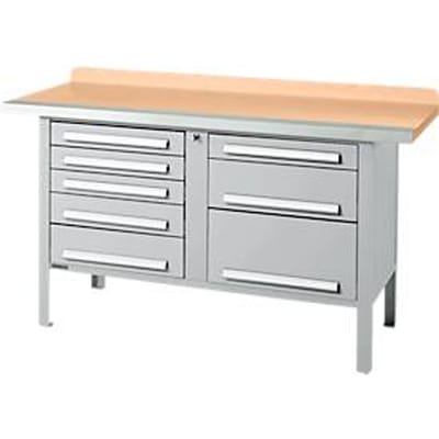 Box-type werkbank Schäfer Shop Select PWi 150-8, beuken multiplex blad, met stalen rand, tot 750 kg, B 1500 x D 700 x H 840 mm, blank aluminium