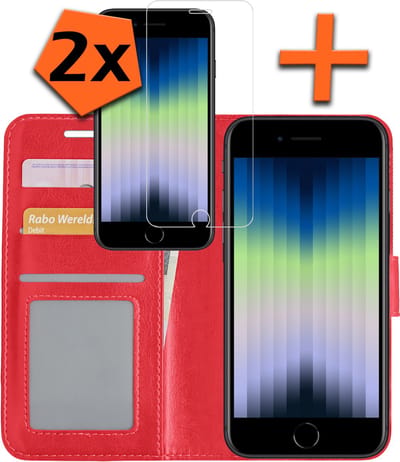 Hoes - Met 2x Screenprotector - Geschikt voor Apple iPhone SE (2022) - Luxe Pasjeshouder - Bookcase Portemonee - Flip Case - Kunstleer Book Case - Flipcase Hoes - Book Cover - Walletcase - PortemonneeHoes - Rood