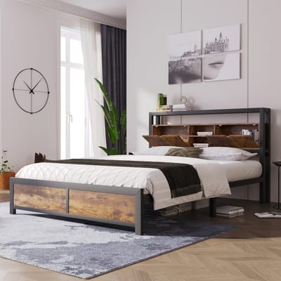 Metalen tweepersoonsbed met opbergkopdeel - Tiener- en volwassenenkamer 140x200 cm - Metaal met houtlook - Opbergvakken en 2 planken in hoofdeinde - 26,5 cm opbergruimte onder bed - Inclusief metalen lattenbodem - 200 kg draagvermogen