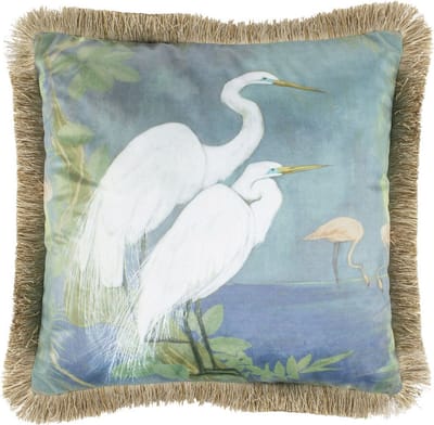 Kussen fluweel zilverreigers gouden franjes 45x45cm