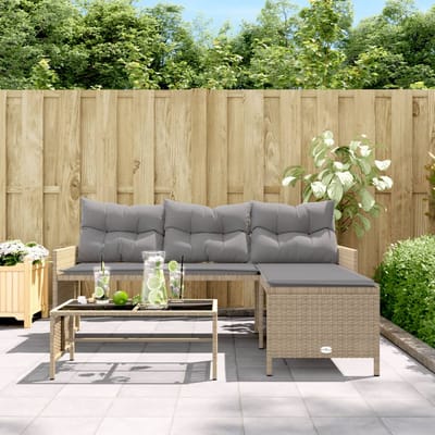 vidaXL - Tuinbank - met - tafel - en - kussens - L-vormig - poly - rattan - beige
