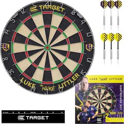 Target Darts Luke Littler Dartbord Set - Competitie Standaard Dartbord met 6 Messing Dartpijlen 17g - Afrikaans Sisal - Ultradun Draadsysteem - Werplijn en Muurbevestiging Inclusief
