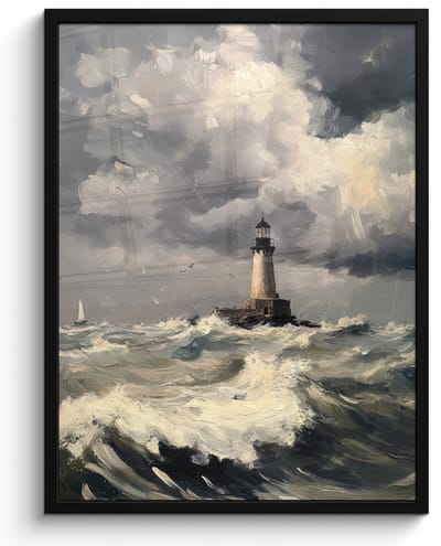 Poster in lijst - Fotolijst 50x70 cm - Posters - Vuurtoren - Golven - Storm - Posterlijst zwart - Decoratie - Wanddecoratie woonkamer - Muurdecoratie slaapkamer