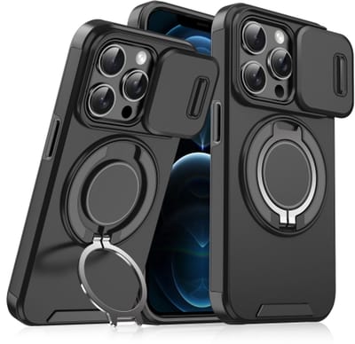 Backcover Hoes Geschikt voor: Apple iPhone 12 Pro - Magnetische Ringhouder met Sliding Lens Camshield - Zwart