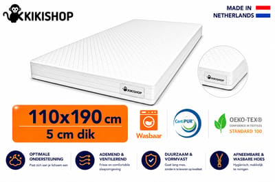 Kikishop Topdekmatras 110x190 – 5 cm HR Koudschuim – Afritsbaar & Wasbaar – CertiPUR® Gecertificeerd – Medium Hardheid – Comfort Matrastopper