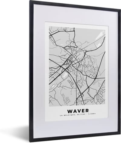 Fotolijst incl. Poster Zwart Wit- Stadskaart – Zwart Wit - Kaart – Waver – België – Plattegrond - 30x40 cm - Posterlijst