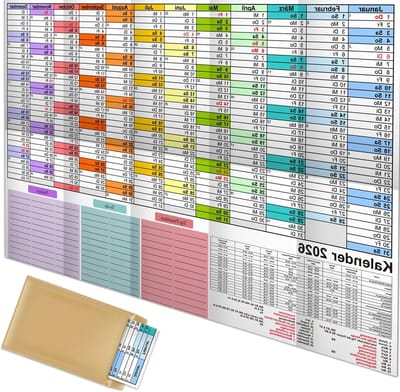 Grote Jaarplanner 2026, Wandkalender A1 met Feestdagenoverzicht, Jaarlijkse Planningsposter, 57 cm x 87 cm, Inclusief Kalenderweken en Vouwkalender
