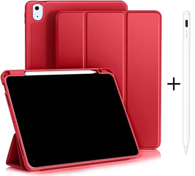 Casemania Stylus en Hoes Geschikt voor Apple iPad 2025 (A16) - Crimson Rood - Universeel Stylus Pen - Smart Cover met Pencil Slot Uitsparing