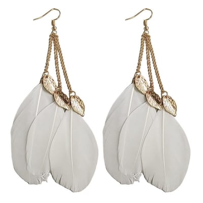 Fako Bijoux® - Veren Oorbellen - Oorhangers - Veren Trio Blaadjes - Wit