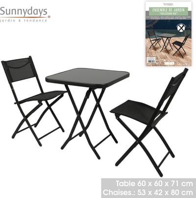 Sunnydays Tuinset Bistro set Rio - zwart - kunststof - tafel en 2x stoel - opklapstoelen en tafel