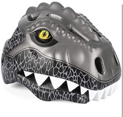 Kinderfietshelm met ledlicht, schattige 3D-dinosaurus-veiligheidshelm voor meisjes, jongens van 3-8 jaar, verstelbare ademende kinderhelm voor fiets, skateboard, scooter, skaten, donkergrijs