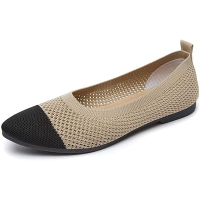 Damesschoenen Lente Nieuw Effen Kleur Gebreid Puntige Neus Platte Zool Platte Hak Casual Ademend Dames Holle Gebreide Schoenen 40 beige